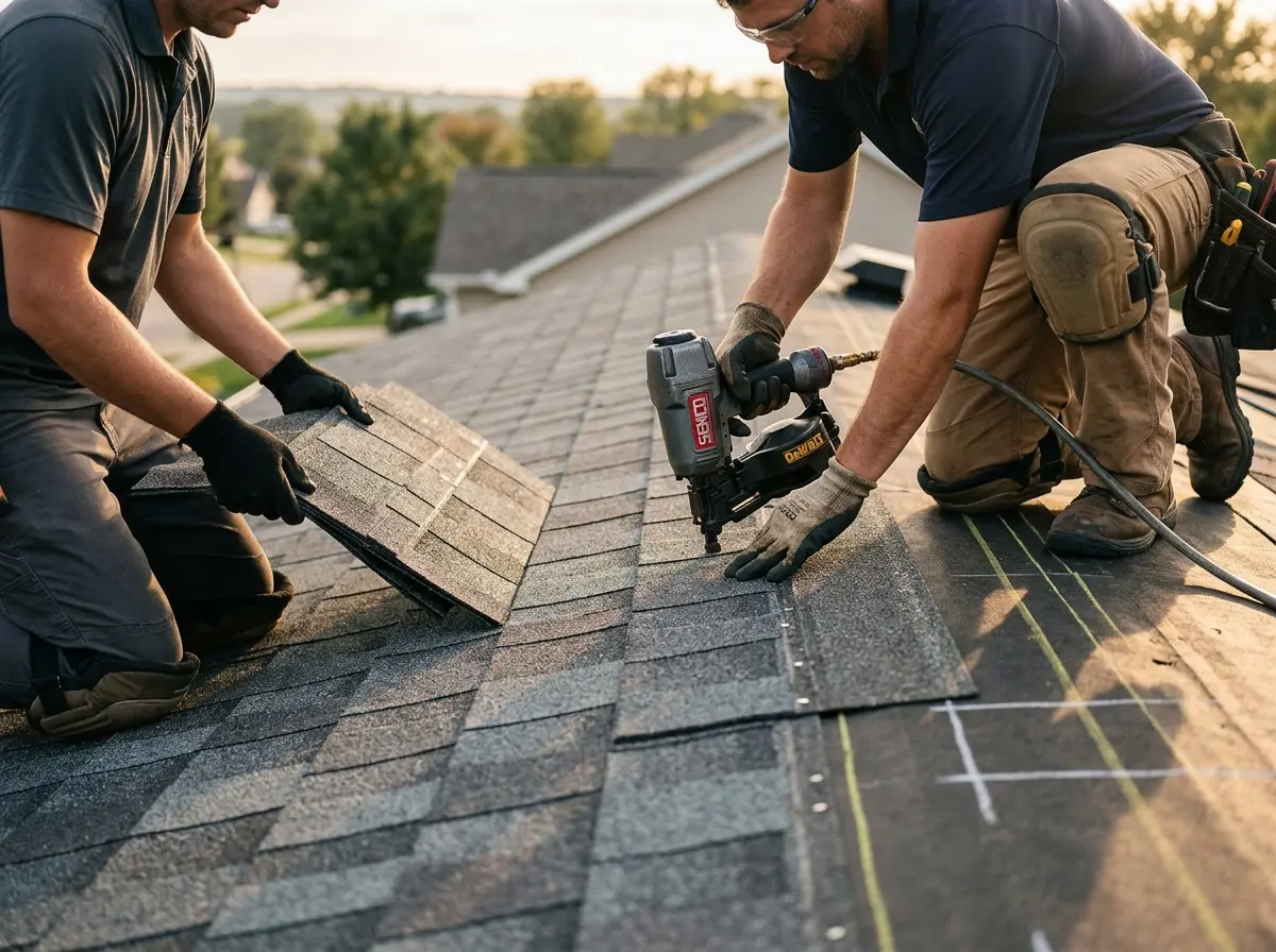 Professional roofer working on a residential roof in Reedsburg